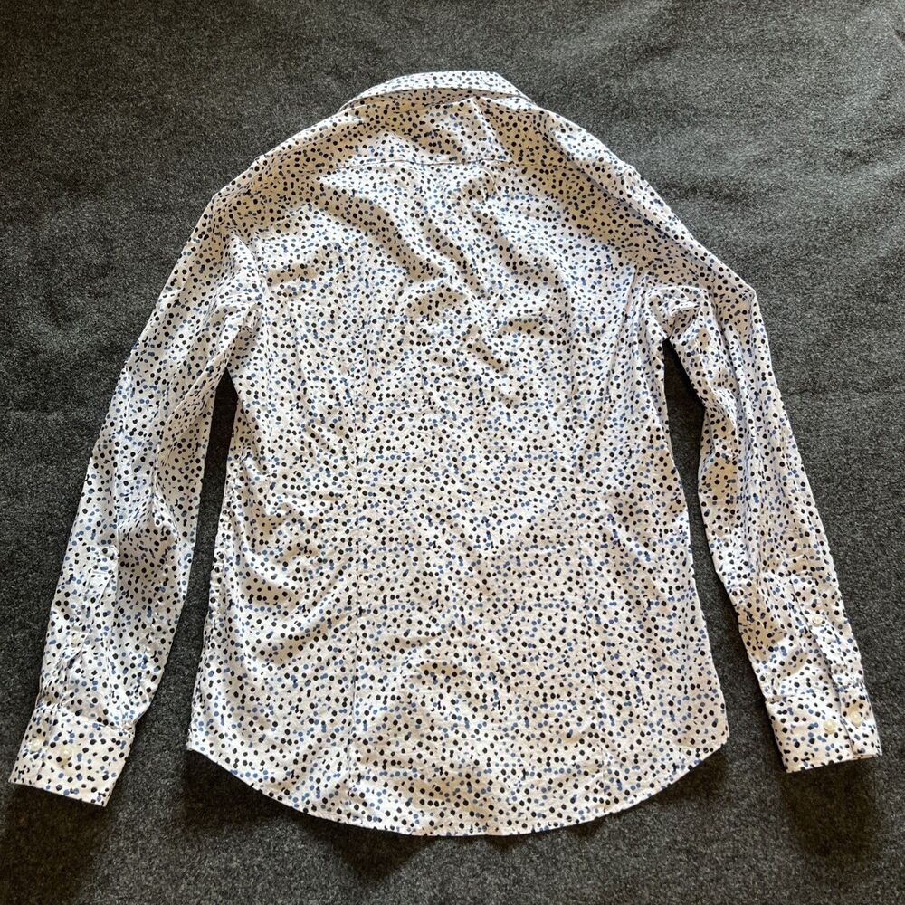 Michael Kors Men M Button Up Blue Black Polka Dots Trim Stretch Long Sleeve - Picture 6 of 11